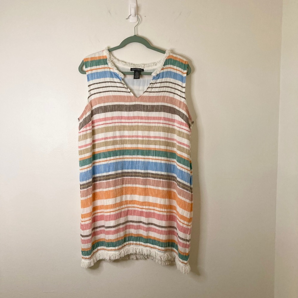 Striped 100% Cotton Fringe Beach V-Neck Sleeveless Dress Chelsea & Theodore XL